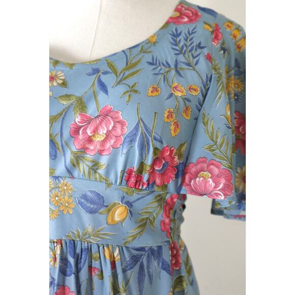 Vintage 1970s Prairie Floral Maxi Dress Flutter Sleeve Empire Waist Tie Blue - Picture 4 of 12